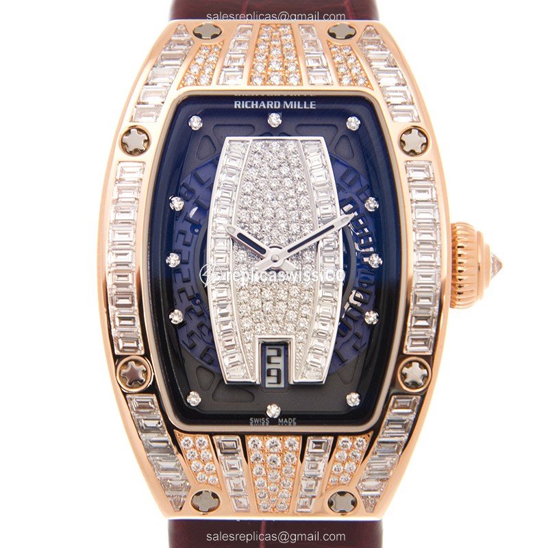 Richard Mille RM007 Replica - Automatic - 18kt Rose Gold - Diamond Case - Silver Dial - Red Alligator Strap - Buckle Clasp - Luxury Richard Mille Watch